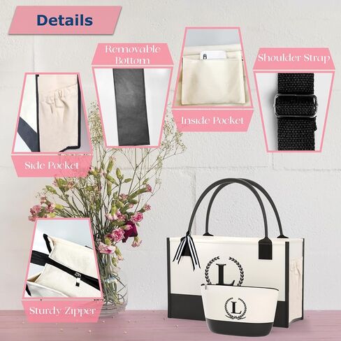 Monogrammed Canvas Tote Bag with Zipper Pockets - Ideal Gift for Mom, Teacher, Sister in Saudi Arabia