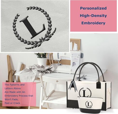 Monogrammed Canvas Tote Bag with Zipper Pockets - Ideal Gift for Mom, Teacher, Sister in Saudi Arabia
