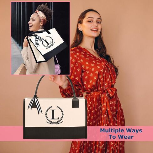 Monogrammed Canvas Tote Bag with Zipper Pockets - Ideal Gift for Mom, Teacher, Sister in Saudi Arabia