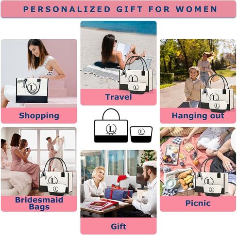 Monogrammed Canvas Tote Bag with Zipper Pockets - Ideal Gift for Mom, Teacher, Sister in Saudi Arabia