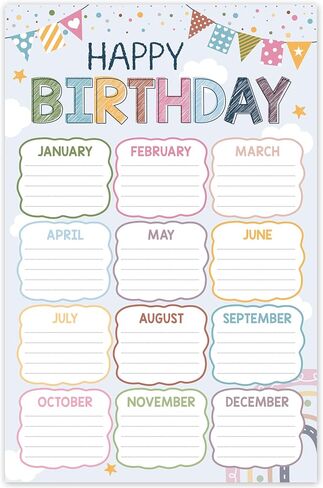 Colorful Classroom Birthday Chart 16"x24", Back to School Happy Bday Poster Calendar for Teacher Student Kids, Bulletin Board Sign Decoration, Reusable Teaching Supplies Gift, Ship in Tube in Saudi Arabia