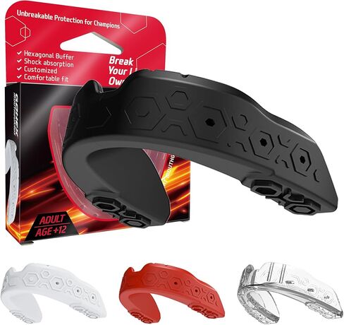 Gohex Sports Mouthguard للبالغين-حارس الفم الذي يمتص الصدمات مع حارس الذقن لجميع الألعاب الرياضية والملاكمة واللاكروس وكرة القدم والهوكي و MMA و Martial Arts (Black) in Kuwait