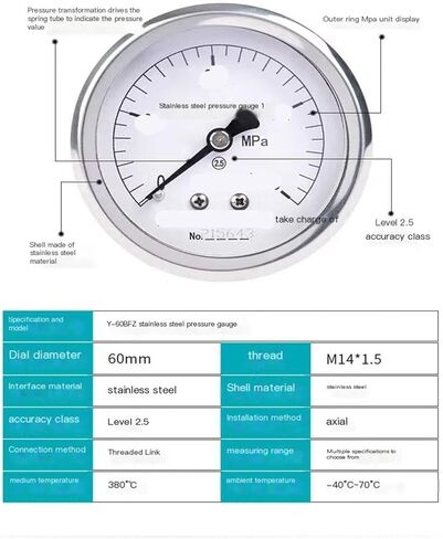 Y60BFZ axial Stainless Steel Pressure Gauge Water Pressure Gauge air Pressure Gauge Oil Pressure Gauge high Temperature Resistant 0-0.1MPa(0-2.5mpa) in Saudi Arabia