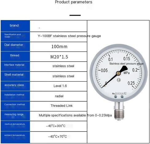 Y-100BF Stainless Steel Pressure Gauge Water Pressure Gauge air Pressure Hydraulic Oil Pressure Negative Pressure Vacuum steam Pressure Gauge 0-0.25MPa(0-1.6MPa) in Saudi Arabia
