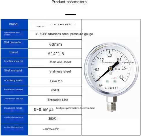 Y-60BF Stainless Steel Pressure Gauge Water Pressure air Pressure Oil Pressure Gauge high Temperature Resistant Pressure Gauge dial Diameter 60mm 0-0.6MPa in Saudi Arabia