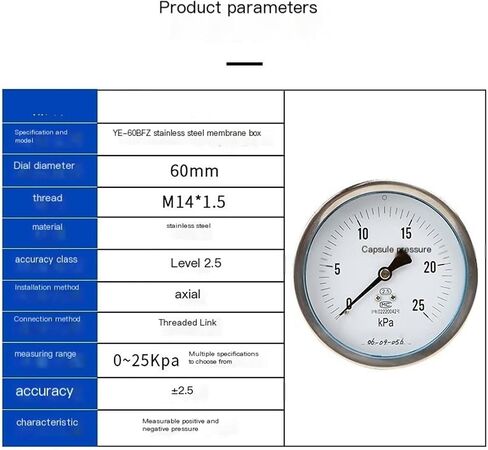 ye-60bfz/100bfz المقاوم للصدأ المقاوم للصدأ مقاييس الضغط الدقيق مقياس الضغط kpa gauge barometric gauge 0-10kpa dial 6 cm m14*1.5 thread (0-10kpa) in Saudi Arabia