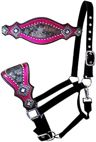 Showman Nylon Bronc Halter W/Pink & Rainbow Metallic Leather Bandband ، متوسط ​​الحجم الكامل الحجم in Saudi Arabia