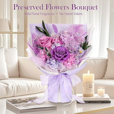 Preserved Bouquet of Flowers - Real Roses & Flowers for Delivery, Long-Lasting Dusty Pink Forever Camellia Flowers, Eternal Roses Bouquet for Mothers, Mom, Wife Anniversary Birthday Gifts for Women in Kuwait