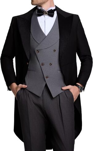 Men's 3 Piece Suit for Groom Men's Wedding Morning Suit with Tailcoat Tuxedo Long Tail Double Breasted Vest Pants in Kuwait