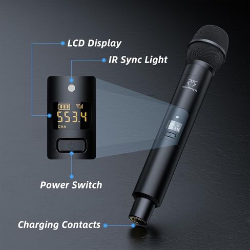 Wireless Microphone System, 2x100 UHF Dual-Channel Rechargeable Handheld Dynamic Microphone, Auto Scan, Suitable for Singing, Karaoke, Wedding, Performance in Saudi Arabia