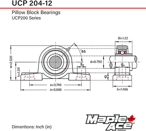 Maple Ace UCP204-12 كتلة وسادة تحمل 3/4 بوصة ، 2-bolt ، قاعدة محاذاة ، صلبة ، الخدمة الثقيلة (الكمية 2) in Saudi Arabia