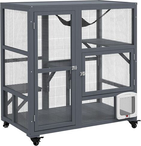 pawhut indoor wooden catio ، cat house cat lection على عجلات مع 3 منصات ، أرجوحة ، باب رفرف القطط وأعلى قابلة للفتح ، منزل كيتي فاخر لقطتين ، 39 "، رمادي فاتح in Saudi Arabia