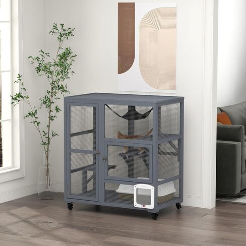 pawhut indoor wooden catio ، cat house cat lection على عجلات مع 3 منصات ، أرجوحة ، باب رفرف القطط وأعلى قابلة للفتح ، منزل كيتي فاخر لقطتين ، 39 "، رمادي فاتح in Saudi Arabia