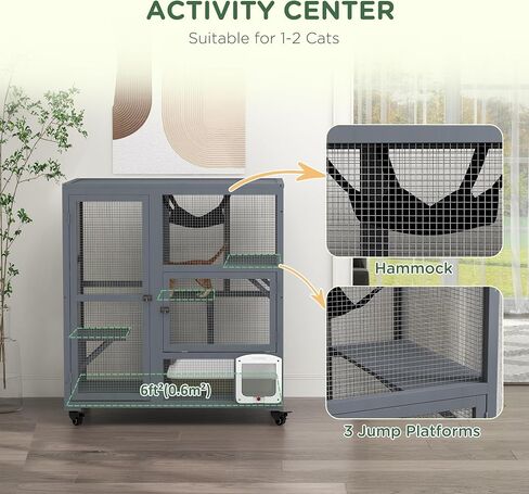 pawhut indoor wooden catio ، cat house cat lection على عجلات مع 3 منصات ، أرجوحة ، باب رفرف القطط وأعلى قابلة للفتح ، منزل كيتي فاخر لقطتين ، 39 "، رمادي فاتح in Saudi Arabia