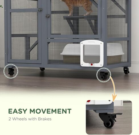 pawhut indoor wooden catio ، cat house cat lection على عجلات مع 3 منصات ، أرجوحة ، باب رفرف القطط وأعلى قابلة للفتح ، منزل كيتي فاخر لقطتين ، 39 "، رمادي فاتح in Saudi Arabia