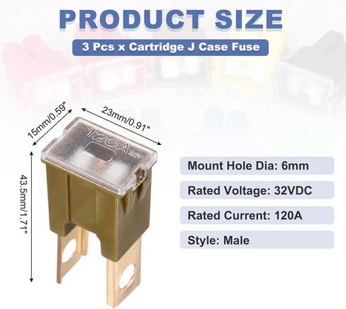 Meccanixity 3pcs خرطوشة Fuse ، 32vdc 120a الذكور الطرفية للسيارات تشكيلة J Case Fuse للسيارة ، شاحنة ، RV ، القوارب ، القهوة in Kuwait