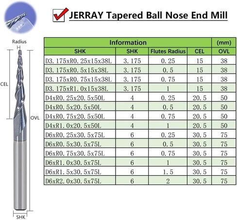3.175mm 4mm 6mm 8mm Shank Ball Nose Tapered End Mills Router Bits CNC Taper Wood Metal Milling Cutter Tungsten End Mill(8.0xR1.0x60x100L) in Saudi Arabia