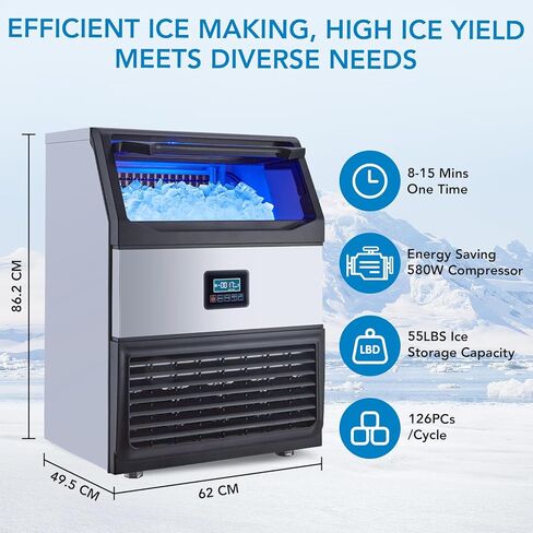 Commercial Ice Maker - 265lbs/24H Production, 55lbs Storage Capacity, Energy Saving 850W Compressor, LED Display, Quiet Operation in Kuwait