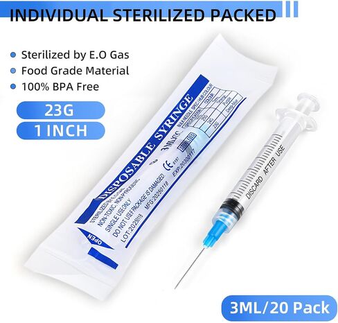 20 Pack 3ml Syringes with 23G 1 Inch, Disposable Luer Lock Syringe Individually Sterile Packed for Scientific Lab, Liquid Measuring and Dispensing in Saudi Arabia