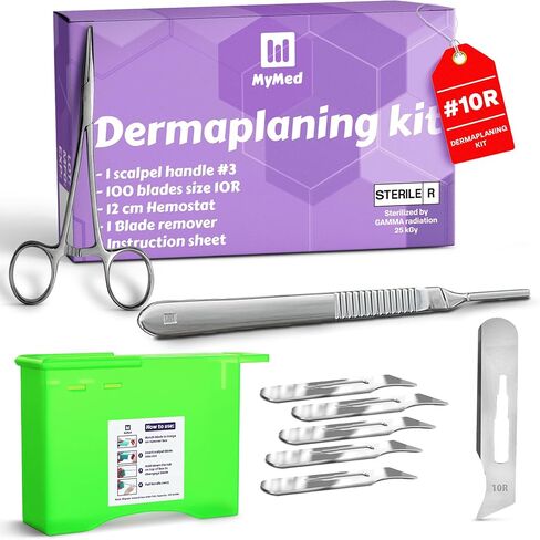 10R Blades Dermaplaning Kit Containing 10r Blades Scalpels Pack of 100 with Scalpel Handle #3 + 10R Scalpel Blade Remover Box + Hemostat by Mymed in Saudi Arabia