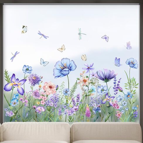 Summer Flower Window Clings Spring Double-Sided Blue Purple Wildflower Window Stickers Garden Watercolor Floral Butterfly Grass Decals Sticker Home Decor (11.8 * 23.6inch) in Saudi Arabia