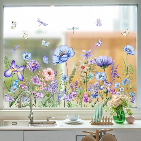 Summer Flower Window Clings Spring Double-Sided Blue Purple Wildflower Window Stickers Garden Watercolor Floral Butterfly Grass Decals Sticker Home Decor (11.8 * 23.6inch) in Saudi Arabia