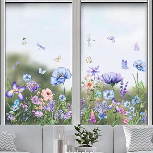 Summer Flower Window Clings Spring Double-Sided Blue Purple Wildflower Window Stickers Garden Watercolor Floral Butterfly Grass Decals Sticker Home Decor (11.8 * 23.6inch) in Saudi Arabia