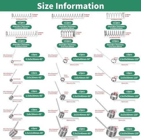 115Pcs 29 Sizes Stainless Steel Mechanical Small Springs Assortment Kit Contains 45/90/120 Degree 6 Laps Torsion Springs and Compression Spring for Shop Home Repairs in Saudi Arabia