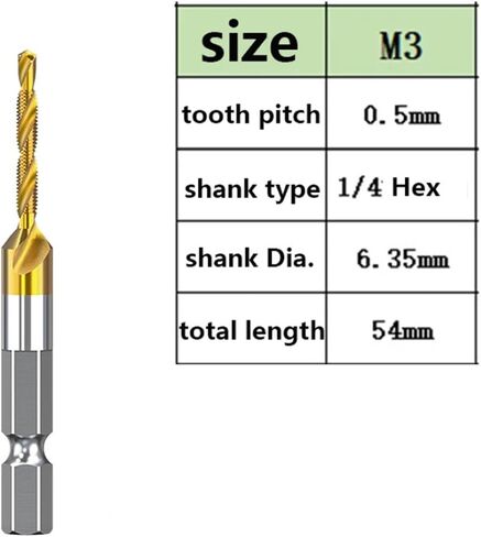Tap Drill Bits Set Titanium Plated Hex Shank HSS Countersink Thread Metric Screw Machine Compound M3 M4 M5 M6 M8 M10 Hand Tools(M3x0.5 Golden) in Saudi Arabia