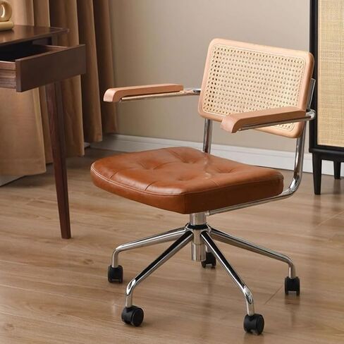 Office Chair Liftable Office Chair with Rattan Backrest, Book Chair with Armrests, Living Room Chair Color: Brown and Dark Green Home Office Desk Chairs(B) in Saudi Arabia