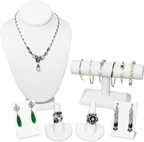 مجموعة عرض المجوهرات MOOCA 12 PCS ، تمثال نصفي عرض للقلادة ، حامل سوار T-BAR ، منظم قرط ، حامل رنين للعرض والمتجر ، جلد فوك الأبيض المتميز in Saudi Arabia