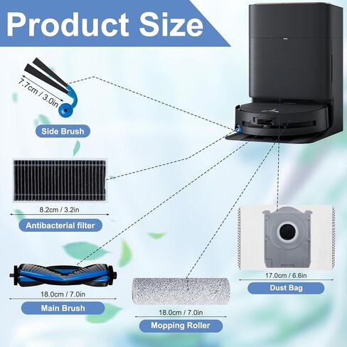 أدوات الإكسسوارات لـ Ecovacs Deebot X9 Pro Omni Robot Vacuum Pression ، فرشاة رئيسية واحدة ، 4 مرشحات ، أسطوانة مقطوعة ، 6 فرش جانبية ، 2 أكياس غبار ، فرشاة تنظيف واحدة in Kuwait