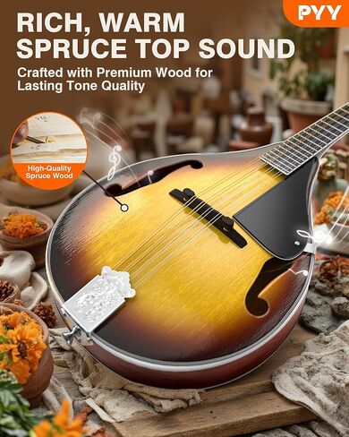 PYY Mandolin Instrument - A Style 8-Strings Mandolin Musical Instrument 27 Inch Mandolins for Beginners Starter Kit with Gig Bag, Spare Strings, Digital Tuner, Capo, 3 Picks, Strap in Saudi Arabia