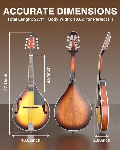 PYY Mandolin Instrument - A Style 8-Strings Mandolin Musical Instrument 27 Inch Mandolins for Beginners Starter Kit with Gig Bag, Spare Strings, Digital Tuner, Capo, 3 Picks, Strap in Saudi Arabia