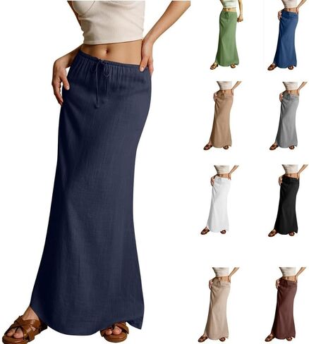 Kvor Linen Maxi Skirt for Women Beach Vacation Drawstring Elastic Waist Flowy Summer Skirt Lightweight Boho Long Skirt in Kuwait