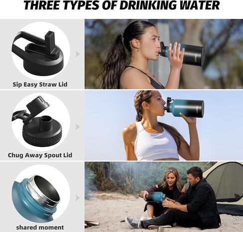 زجاجة ماء 64 أوقية معزولة (باردة لمدة 48 ساعة) ، دليل BPA Free & Teak ، قارورة ماء من الفولاذ المقاوم للصدأ نصف جالون ، إبريق ماء مع أغطية صبر القش للصالة الرياضية ، المشي لمسافات طويلة ، التخييم ، الأزرق الأسود الأزرق in Kuwait