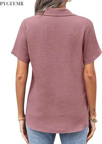 Pygfemr Womens زر أسفل القمصان قصيرة الأكمام فضفاضة collared v رقبة السترات الصيفية قمم العمل غير الرسمي بلوزات الأعمال غير الرسمية in Kuwait