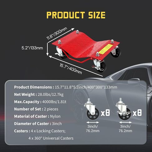 Car Dolly Set of 4-8000LB Capacity Heavy Duty Vehicle Wheel Dollies for Moving Cars, Trucks, SUVs - 3" Reinforced Steel Wheels, Anti-Slip Curved Design in Saudi Arabia