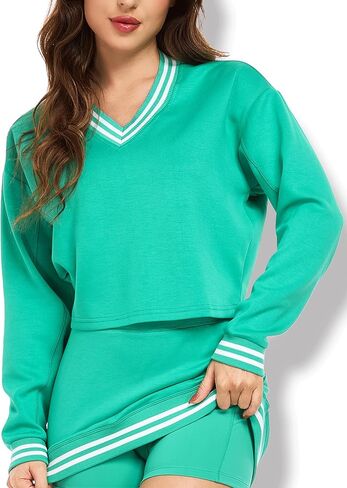 IBL LiveShine Scuba Sweatshirt for Women Oversized Cropped, Dropped-Shoulder V-Neck Long-Sleeve T-Shirts Pullover Preppy Tops in Kuwait