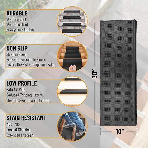 Ottomanson Easy Clean, Waterproof, Low Profile Non-Slip Indoor/Outdoor Rubber Stair Treads, 10" x 30" (5 Pack), Black/Bronze in Saudi Arabia