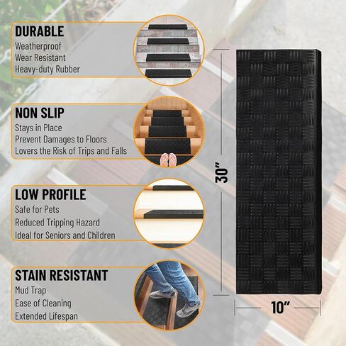Ottomanson Easy Clean, Waterproof, Low Profile Non-Slip Indoor/Outdoor Rubber Stair Treads, 10" x 30" (5 Pack), Black/Bronze in Saudi Arabia