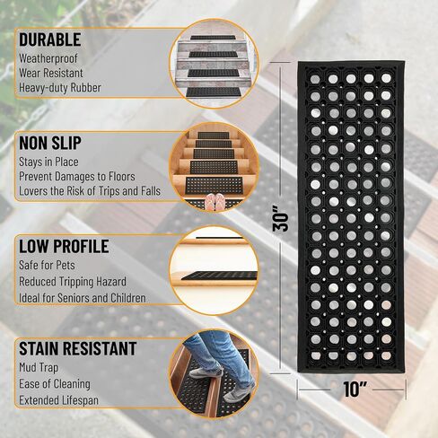 Ottomanson Easy Clean, Waterproof, Low Profile Non-Slip Indoor/Outdoor Rubber Stair Treads, 10" x 30" (5 Pack), Black/Bronze in Saudi Arabia