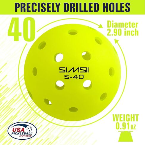 S-40 Outdoor Pickleball Balls - 40 Holes, Approved by The USAPA - Durable PE Material, Seamless Construction, Tournament Grade, 3/12/40/100 Pack - Pickleballs in Kuwait