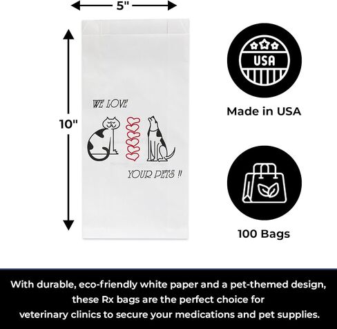 Pet Themed White Paper Prescription Bag W/Stock Logo "We Love Your Pets" — Veterinary Dog & Cat Print Paper Bags — Rx Vet Medication Medical Pharmacy Bags, Made in USA — 100 Ct, (Large, 5 X 2 X 10) in Kuwait