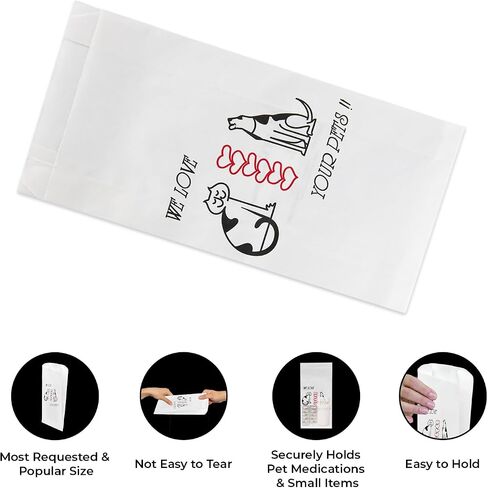 Pet Themed White Paper Prescription Bag W/Stock Logo "We Love Your Pets" — Veterinary Dog & Cat Print Paper Bags — Rx Vet Medication Medical Pharmacy Bags, Made in USA — 100 Ct, (Large, 5 X 2 X 10) in Kuwait