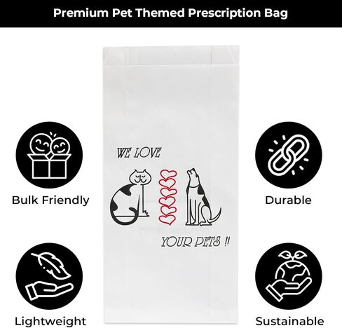 Pet Themed White Paper Prescription Bag W/Stock Logo "We Love Your Pets" — Veterinary Dog & Cat Print Paper Bags — Rx Vet Medication Medical Pharmacy Bags, Made in USA — 100 Ct, (Large, 5 X 2 X 10) in Kuwait