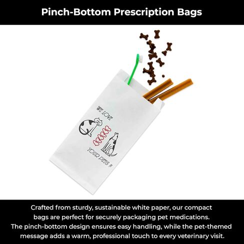 Pet Themed White Paper Prescription Bag W/Stock Logo "We Love Your Pets" — Veterinary Dog & Cat Print Paper Bags — Rx Vet Medication Medical Pharmacy Bags, Made in USA — 100 Ct, (Large, 5 X 2 X 10) in Kuwait