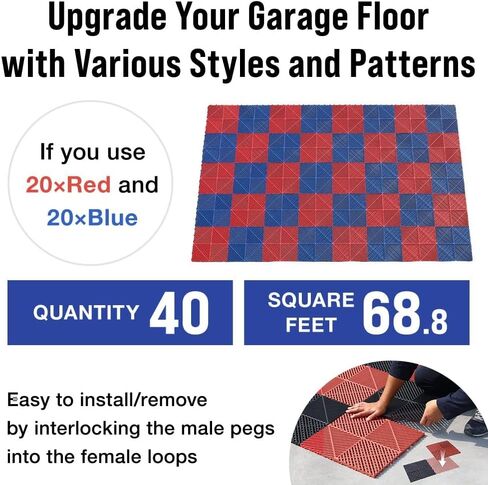 Garage Floor Tiles, 20 Pack Interlocking Flooring Drainage 15.7 x 15.7 inch Covering 34 Sq Ft, Hard Plastic Easy to Install, Outdoor Indoor Basement Parking - Black in Saudi Arabia