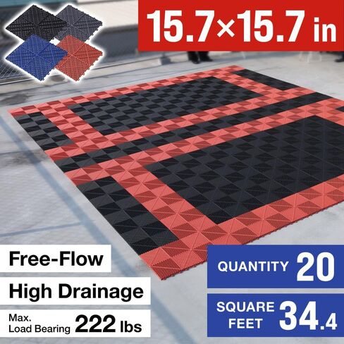 Garage Floor Tiles, 20 Pack Interlocking Flooring Drainage 15.7 x 15.7 inch Covering 34 Sq Ft, Hard Plastic Easy to Install, Outdoor Indoor Basement Parking - Black in Saudi Arabia