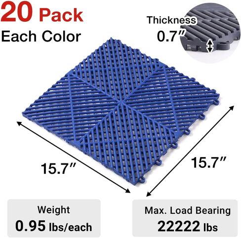 Garage Floor Tiles, 20 Pack Interlocking Flooring Drainage 15.7 x 15.7 inch Covering 34 Sq Ft, Hard Plastic Easy to Install, Outdoor Indoor Basement Parking - Black in Saudi Arabia